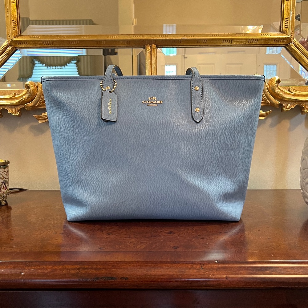 Coach Leather Light Blue Zip Top Tote - Excellent Used Condition